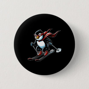 Macaron Rond 5 Cm Mascotte pingouin de ski rapide avec cape rouge al