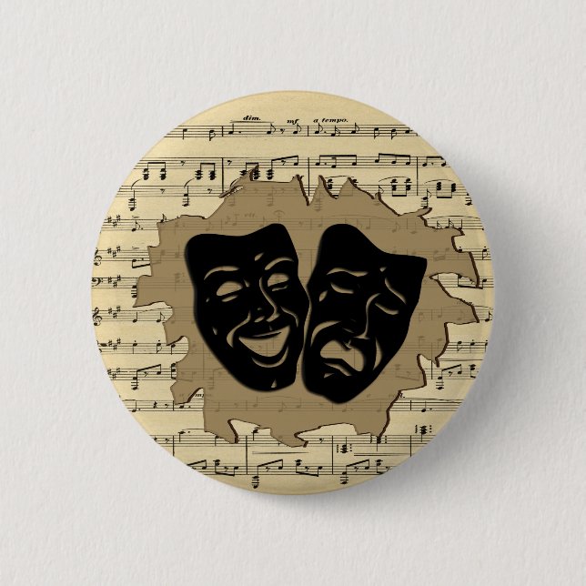 Macaron Rond 5 Cm Masques de théâtre et musique ancienne (Devant)