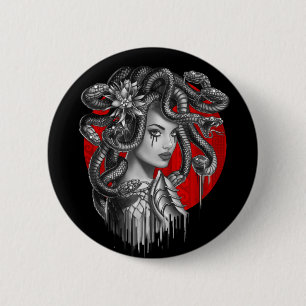 Macaron Rond 5 Cm MEDUSA - Tattoo, la tête de serpent du mythe grec
