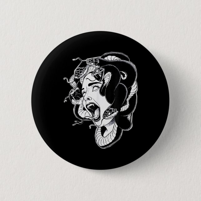 Macaron Rond 5 Cm Méduse Blackwork Tattoo Flash (Devant)