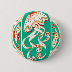 Macaron Rond 5 Cm Méduses de Nouveau d'art or de turquoise de bouto