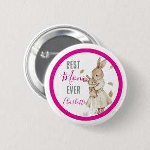 Macaron Rond 5 Cm Meilleure Maman Ever, Maman et bébé lapin rose Nom