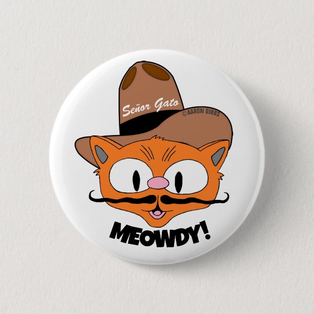 Macaron Rond 5 Cm MEOWDY ! Bouton Dessin Mustache Cowboy (Devant)