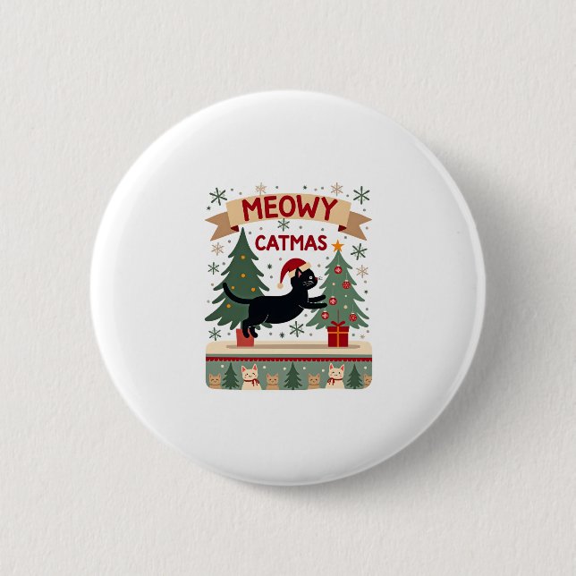 Macaron Rond 5 Cm Meowy Catmas, Chandail de Noël moche, Chat Christm (Devant)