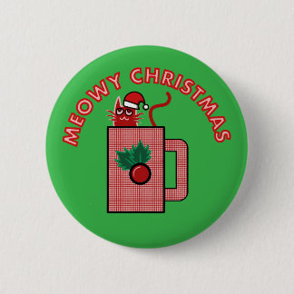 Macaron Rond 5 Cm MEOWY CHRISTMAS Pin Button Green