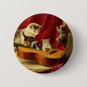 Macaron Rond 5 Cm Mère Chat et chatons Jouer avec la guitare