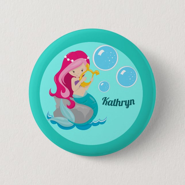 Macaron Rond 5 Cm Mermaid Girl mignonne Personnalisé Monogramme Enfa (Devant)