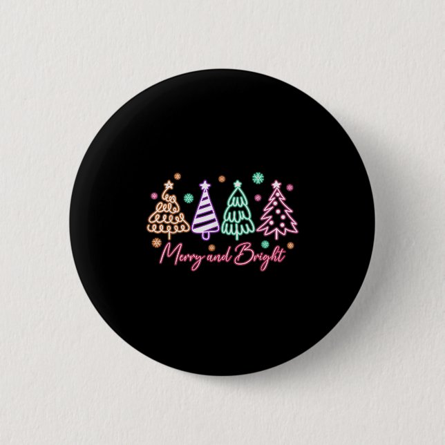 Macaron Rond 5 Cm Merry And Bright Tree Neon Christmas  (Devant)