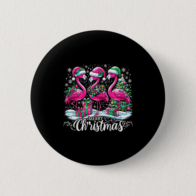Macaron Rond 5 Cm Merry Christmas Hat Santa Flamingo Light Christmas (Devant)