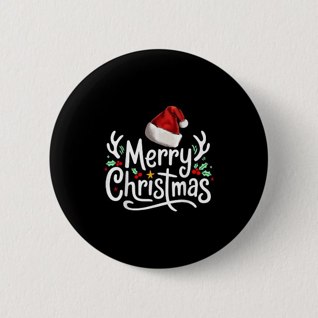 Macaron Rond 5 Cm Merry Christmas Lights Red Santa Hat Xmas Family  (Devant)