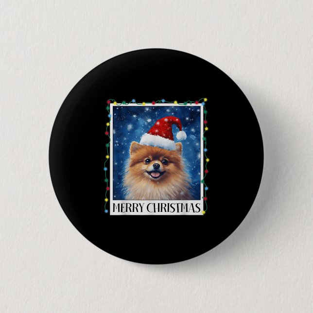Macaron Rond 5 Cm Merry Christmas Meranian Santa Hat Xmas Dog Lights (Devant)