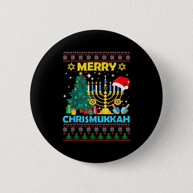 Macaron Rond 5 Cm Merry Christmukkah Hanukkah Christmas Tree Xmas Fa (Devant)
