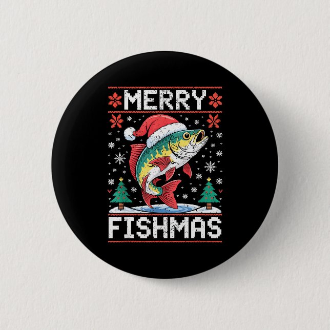 Macaron Rond 5 Cm Merry Fishmas Ugly Christmas Sweater Fishing Lover (Devant)