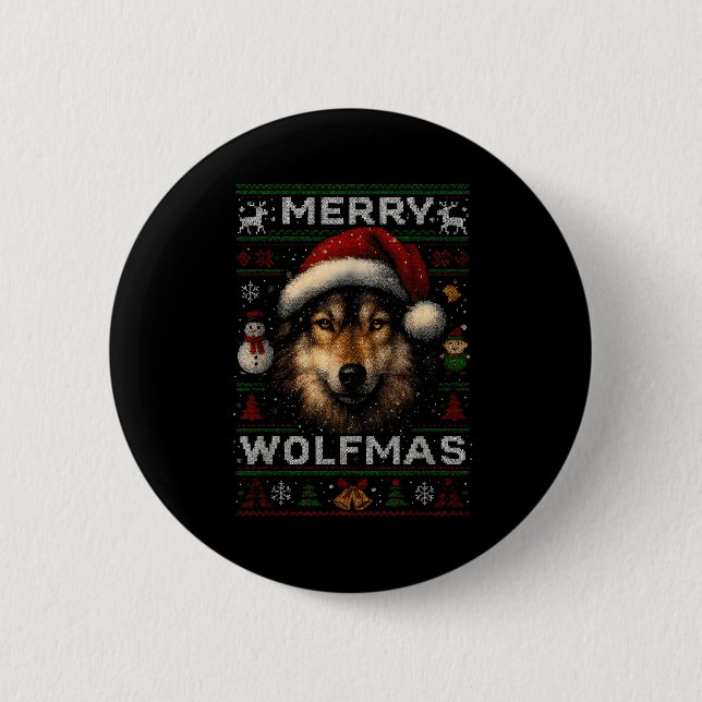 Macaron Rond 5 Cm Merry Wolfmas Merry Christmas Wolf Ugly Sweater Fu (Devant)