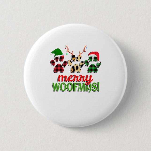 Macaron Rond 5 Cm MERRY WOOFMAS Chien Paw Buffalo de Noël (Devant)
