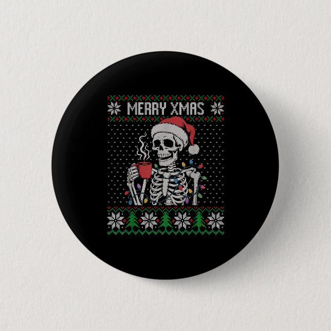 Macaron Rond 5 Cm Merry Xmas Skeleton Ugly Sweater, Skull Wearing Sa (Devant)