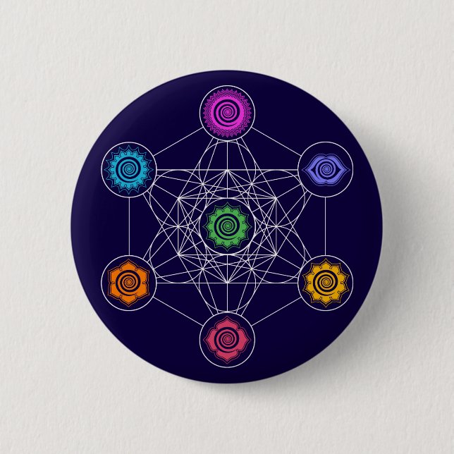 Macaron Rond 5 Cm Metatrons Cube, Chakras, Centres d'énergie cosmiqu (Devant)