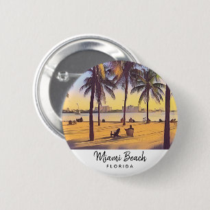 Macaron Rond 5 Cm Miami Beach Floride Aquarelle Vintage Art