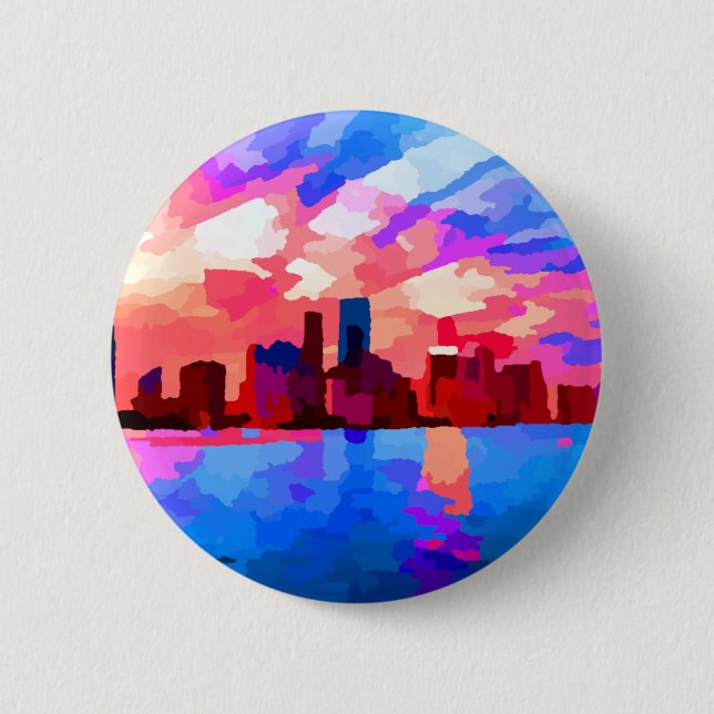 Macaron Rond 5 Cm Miami Florida Skyline au coucher du soleil par Jon (Devant)