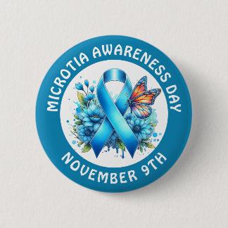 Macaron Rond 5 Cm Microtia Blue Awareness Day Ribbon and Butterfly