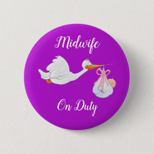 Macaron Rond 5 Cm Midwife on Duty Bird With Baby Purple and White