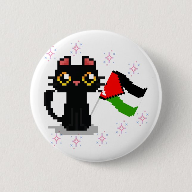 Macaron Rond 5 Cm mignon chat noir tient drapeau de la Palestine (Devant)