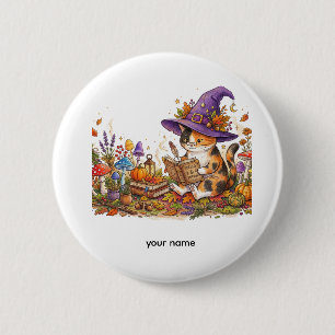 Macaron Rond 5 Cm Mignon Chat Sorcière d'Halloween Herbologie Coutum