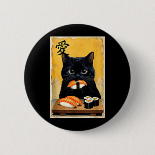 Macaron Rond 5 Cm Mignon Kawaii Chat Noir Mangeant Sushi Drôle Japon