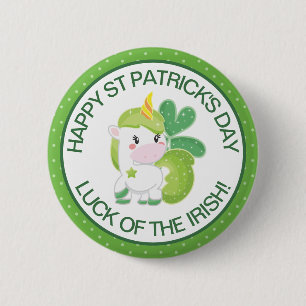 Macaron Rond 5 Cm Mignon licorne et trèfle de la Saint-Patrick vert