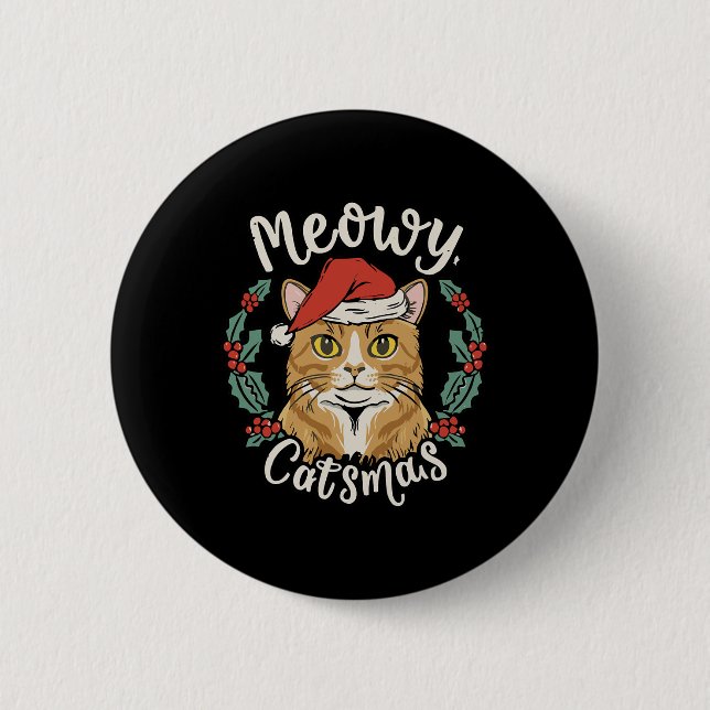Macaron Rond 5 Cm Mignonne Kitten Noël Chapeau de Noël Meowy Catmas  (Devant)