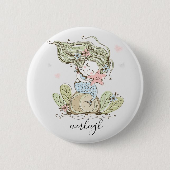 Macaron Rond 5 Cm Mignonne Sirène Personnalisée Et Éstarfish (Devant)