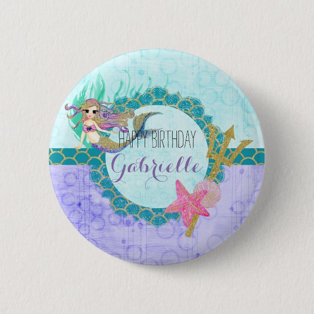 Macaron Rond 5 Cm Mignonne sirène Turquoise et violet Monogramme Joy (Devant)