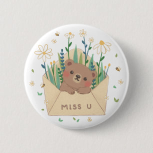 Macaron Rond 5 Cm MISS U : Ours et fleurs en peluche dans l'envelopp