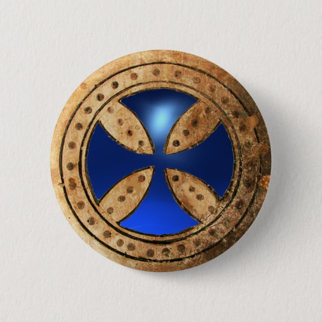 Macaron Rond 5 Cm MODÈLE ANTIQUE CROSS Blue Sapphire Gem (Devant)