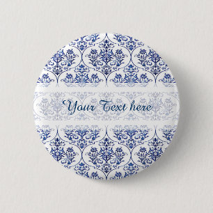 Macaron Rond 5 Cm Modèle de damas fleuri - bleu