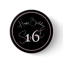 Modern Minimalist 16th Black Pink Birthday Button