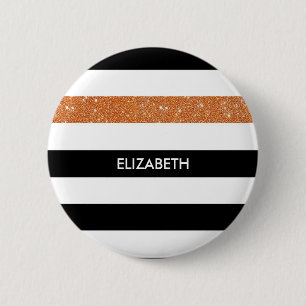 Macaron Rond 5 Cm Moderne Black Stripes FAUX Orange Glitz et nom