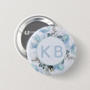 Macaron Rond 5 Cm Monogramme botanique bleu poussiéreux