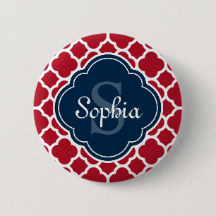 Macaron Rond 5 Cm Monogramme de marine Motif en treillis rouge
