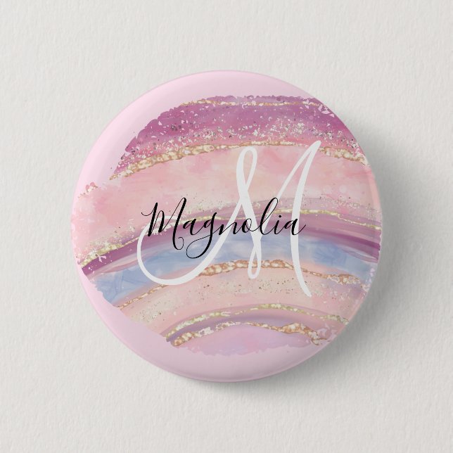 Macaron Rond 5 Cm Monogramme de pinceau bleu glam or rose (Devant)