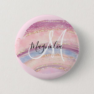 Macaron Rond 5 Cm Monogramme de pinceau bleu glam or rose