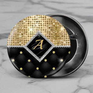 Macaron Rond 5 Cm Monogramme diamant noir or cristal faux stylé
