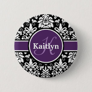 Macaron Rond 5 Cm Monogramme élégant violet noir blanc Damas