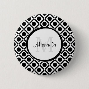Macaron Rond 5 Cm Monogramme et nom géométrique noir et blanc modern