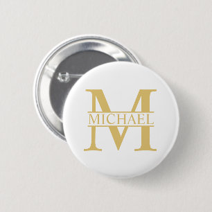 Macaron Rond 5 Cm Monogramme et nom personnalisé blanc et or