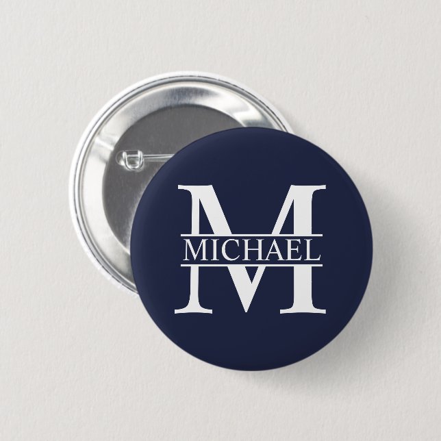 Macaron Rond 5 Cm Monogramme et nom personnalisés bleu marine (Devant & derrière)
