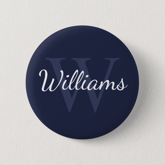 Macaron Rond 5 Cm Monogramme et nom personnalisés Marine Blue (Devant)