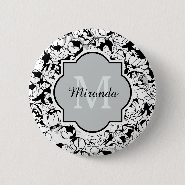 Macaron Rond 5 Cm Monogramme Floral Blanc Noir Moderne Avec Nom (Devant)