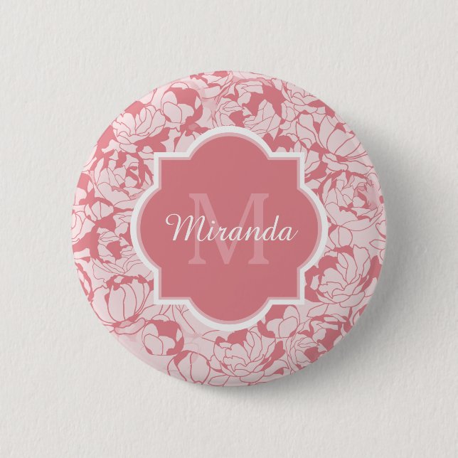 Macaron Rond 5 Cm Monogramme Floral Rose Lumière Moderne Avec Nom (Devant)