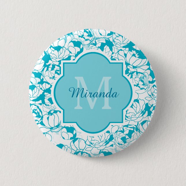 Macaron Rond 5 Cm Monogramme Floral Turquoise Moderne Avec Nom (Devant)